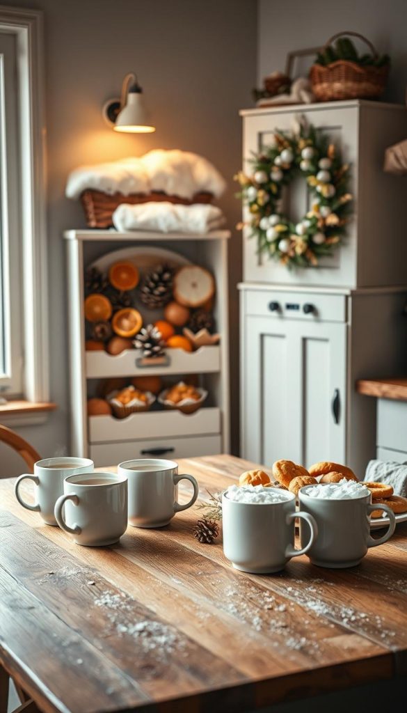 A cozy kitchen scene with a welcoming winter-themed display. In the foreground, a rustic wooden table is set with steaming mugs of hot chocolate, festive mugs, and a selection of homemade baked goods. The middle ground features a KlickKiste storage unit filled with natural, DIY-inspired decor elements like pinecones, dried citrus slices, and a minimalist wreath. Soft, warm lighting casts a glowing ambiance, complemented by a snow-covered windowsill in the background. The overall mood is inviting, family-friendly, and authentically Pinterest-inspired. A cozy kitchen scene with a welcoming winter-themed display. In the foreground, a rustic wooden table is set with steaming mugs of hot chocolate, festive mugs, and a selection of homemade baked goods. The middle ground features a KlickKiste storage unit filled with natural, DIY-inspired decor elements like pinecones, dried citrus slices, and a minimalist wreath. Soft, warm lighting casts a glowing ambiance, complemented by a snow-covered windowsill in the background. The overall mood is inviting, family-friendly, and authentically Pinterest-inspired.