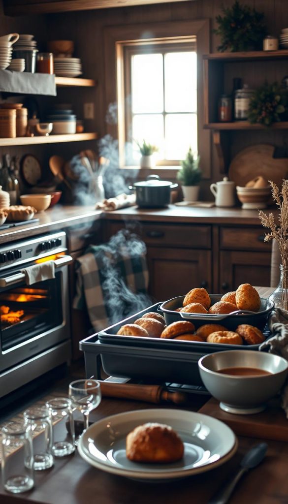 A cozy kitchen scene with a well-stocked pantry, showcasing a variety of seasonal ingredients and kitchen tools. In the foreground, a KlickKiste filled with freshly baked holiday treats, steam rising from a roasting pan in the oven. Warm, natural lighting illuminates the scene, casting a soft, inviting glow. In the background, a rustic, wooden table set with simple, yet elegant place settings, hinting at the delicious meal to come. The overall atmosphere is one of winter comfort and homespun charm, inspiring a sense of relaxation and holiday cheer.