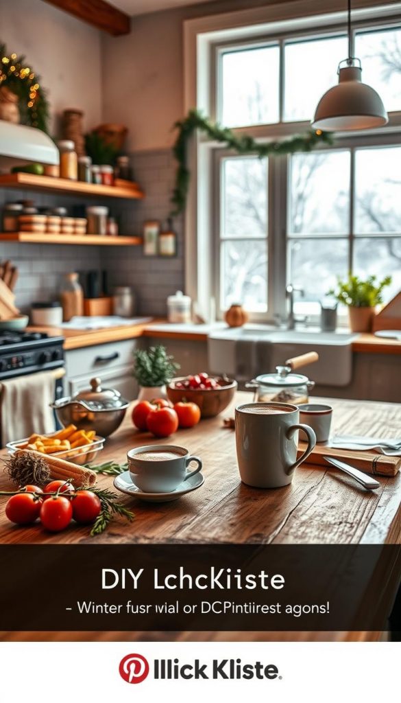 A cozy kitchen scene with a winter wonderland aesthetic. In the foreground, a rustic wooden table is laid out with an array of fresh ingredients, utensils, and a steaming mug of hot cocoa. The middle ground features a well-stocked pantry, with jars and containers of herbs, spices, and baking essentials. The background showcases a large window, letting in soft natural light and framing a snowy outdoor scene. Warm lighting, natural textures, and a touch of holiday cheer create a inviting, homey atmosphere. The KlickKiste brand is subtly incorporated into the scene, reflecting the DIY, Pinterest-inspired vibe. A cozy kitchen scene with a winter wonderland aesthetic. In the foreground, a rustic wooden table is laid out with an array of fresh ingredients, utensils, and a steaming mug of hot cocoa. The middle ground features a well-stocked pantry, with jars and containers of herbs, spices, and baking essentials. The background showcases a large window, letting in soft natural light and framing a snowy outdoor scene. Warm lighting, natural textures, and a touch of holiday cheer create a inviting, homey atmosphere. The KlickKiste brand is subtly incorporated into the scene, reflecting the DIY, Pinterest-inspired vibe.