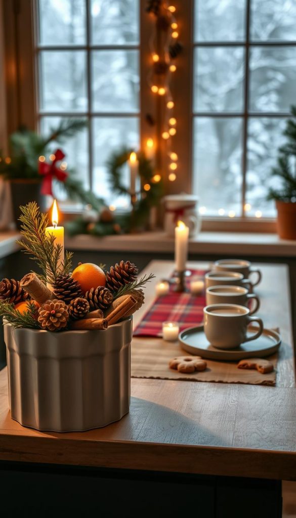 A cozy kitchen scene with festive holiday decor. In the foreground, a KlickKiste with pinecones, dried oranges, cinnamon sticks, and a sprig of fresh greenery. A warm, flickering candle casts a soft glow. In the middle ground, a rustic wooden table with a plaid runner, mugs of hot cocoa, and a tray of homemade cookies. The background features a window overlooking a snowy landscape, with icicle lights lining the sill. The overall atmosphere is inviting and hygge, capturing the essence of &quot;Weihnachtsdeko Küche: Must-haves für schnelle Weihnachtsstimmung&quot;.