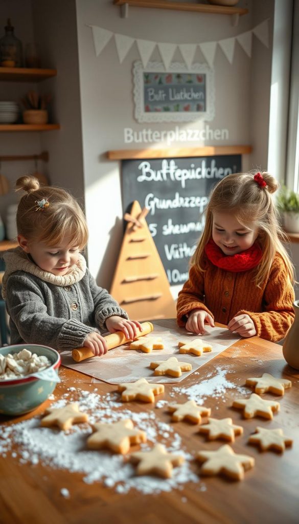 A cozy kitchen scene with two young children, dressed in warm winter attire, carefully rolling out homemade Plätzchen dough on a wooden table. Soft natural lighting filters through a nearby window, creating a warm and inviting atmosphere. The children's faces are filled with concentration and joy as they shape the dough into whimsical cookie shapes, ready to be baked. In the background, a chalkboard displays the recipe title &quot;Butterplätzchen Grundrezept + 5 schnelle Varianten&quot; in playful handwriting, complementing the DIY, Pinterest-inspired aesthetic. The scene emanates a sense of family togetherness and the simple pleasures of baking with loved ones. KlickKiste