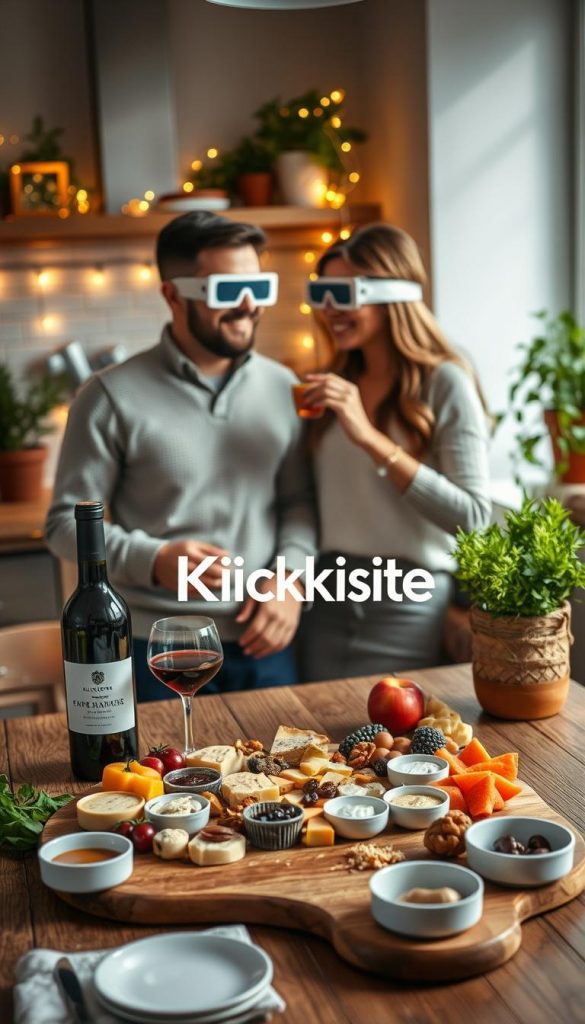 A cozy kitchen setting with a couple engaged in a tasting experience, surrounded by an array of colorful ingredients and small dishes. In the foreground, a beautifully set wooden table holds a charcuterie board filled with cheese, fruits, and dips, while a wine bottle and glasses add a touch of elegance. The middle ground features the couple, dressed in casual yet stylish attire, playfully blindfolded as they sample various culinary delights, their expressions full of curiosity and joy. In the background, soft fairy lights and potted herbs create a warm, inviting atmosphere, evoking a sense of intimacy. The overall mood is romantic and heartwarming, with natural lighting casting a gentle glow throughout the scene. The brand "KlickKiste" subtly integrated into the decor enhances the aesthetic. A cozy kitchen setting with a couple engaged in a tasting experience, surrounded by an array of colorful ingredients and small dishes. In the foreground, a beautifully set wooden table holds a charcuterie board filled with cheese, fruits, and dips, while a wine bottle and glasses add a touch of elegance. The middle ground features the couple, dressed in casual yet stylish attire, playfully blindfolded as they sample various culinary delights, their expressions full of curiosity and joy. In the background, soft fairy lights and potted herbs create a warm, inviting atmosphere, evoking a sense of intimacy. The overall mood is romantic and heartwarming, with natural lighting casting a gentle glow throughout the scene. The brand "KlickKiste" subtly integrated into the decor enhances the aesthetic.
