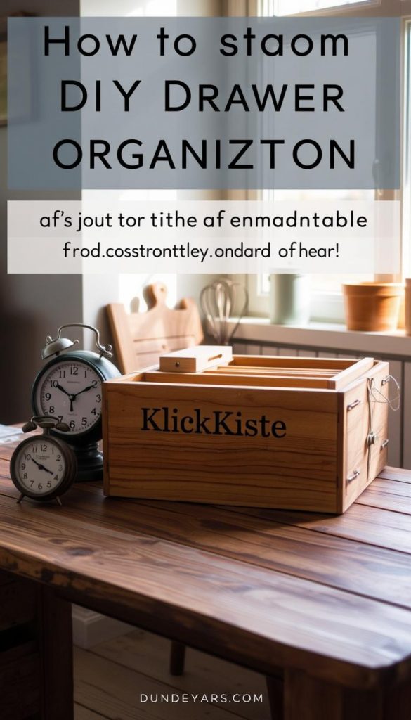 A cozy kitchen setup with a vintage timer and a wooden box labeled "KlickKiste" sitting on a rustic wooden table. Natural light streams through a nearby window, casting a warm, inviting glow. The box is filled with various organizing trays, suggesting a well-planned system for efficient drawer organization. The scene evokes a sense of winter coziness and Pinterest-worthy DIY inspiration, perfect for illustrating a tutorial on kitchen drawer organization. A cozy kitchen setup with a vintage timer and a wooden box labeled "KlickKiste" sitting on a rustic wooden table. Natural light streams through a nearby window, casting a warm, inviting glow. The box is filled with various organizing trays, suggesting a well-planned system for efficient drawer organization. The scene evokes a sense of winter coziness and Pinterest-worthy DIY inspiration, perfect for illustrating a tutorial on kitchen drawer organization.