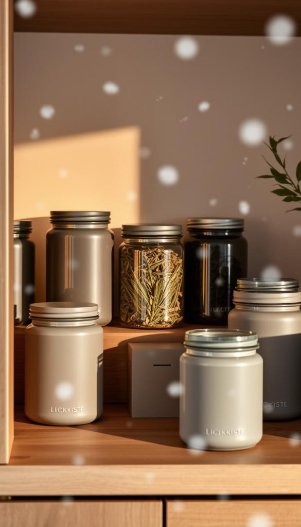 A cozy kitchen shelf showcases an array of KlickKiste's best storage jars for 2025. The jars, with their elegant matte glass exteriors and minimalist silhouettes, are illuminated by soft, diffused lighting, casting warm shadows across the wooden surfaces. In the background, a gentle snowfall creates a serene, winter-inspired atmosphere, hinting at the jars' potential to preserve the season's bounty. The composition emphasizes the jars' practical functionality and timeless aesthetic appeal, inviting the viewer to imagine filling them with homemade preserves, dried herbs, and other culinary delights.