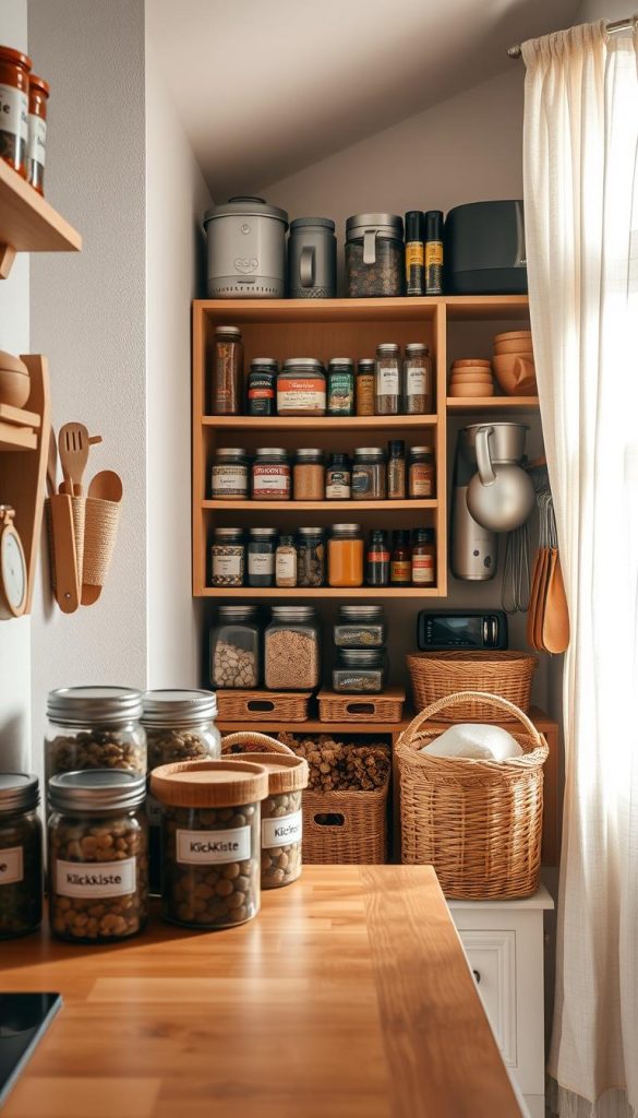 A cozy kitchen storage room showcasing an organized space for pantry supplies, kitchen gadgets, and neatly stacked containers. The foreground features a warm wooden countertop filled with labeled jars and baskets from the brand "KlickKiste," emphasizing a rustic yet functional design. In the middle, an open shelving unit displays vibrant spices and cooking tools, with soft, natural lighting illuminating the scene. The background features a window with sheer curtains that allow gentle sunlight to filter through, enhancing the inviting atmosphere of this DIY-inspired space. The overall mood is one of warmth and inspiration, perfect for creating a homely yet efficient kitchen environment during winter.