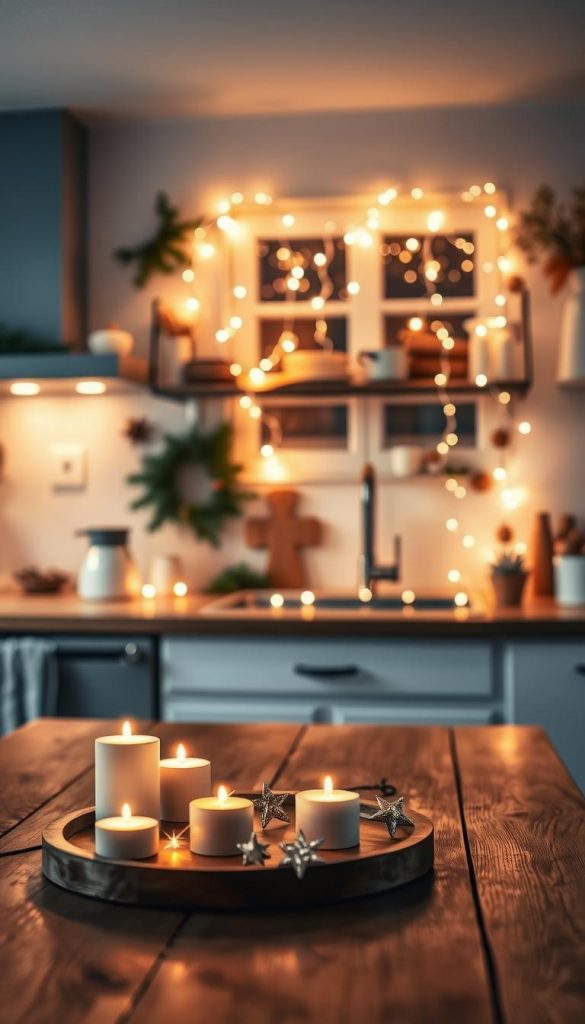 A cozy kitchen warmly lit by a cluster of warm white fairy lights, showcasing the enchanting atmosphere of winter. In the foreground, a wooden table with charming DIY decorations, including LED candles and small star-shaped ornaments, set the scene. The middle section features a beautifully arranged light string draped artistically around the kitchen window and shelves, casting a soft glow. In the background, subtle hints of winter decor, like evergreen branches and rustic elements, enhance the warm ambiance. The lighting is soft and inviting, with a slight bokeh effect blurring the edges of the scene. The overall mood is authentic and inspiring, reminiscent of a Pinterest-perfect holiday kitchen. Include the brand name "KlickKiste" in the setting elements to emphasize the DIY theme.