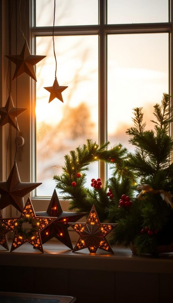 A cozy kitchen window adorned with DIY Christmas decorations, showcasing handcrafted stars and lush green wreaths. The foreground features beautifully arranged star ornaments made of natural materials, shimmering with warm golden light. In the middle, a charming evergreen wreath is elegantly placed, accented by red berries and twinkling fairy lights. The background reveals a serene winter landscape peeking through the glass, illuminated by soft, warm sunlight that filters in, creating a peaceful and inviting atmosphere. Capture this scene with a focus on warmth and inspiration, highlighting the festive holiday spirit. The composition should evoke a natural, Pinterest-worthy aesthetic, reflecting the essence of homemade winter decor by KlickKiste.