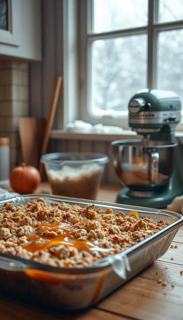 A cozy kitchen with a rustic, homemade feel. In the foreground, a tray of freshly baked apple crumble, the cinnamon-spiced scent wafting through the air. Warm caramel drizzle cascades over the golden crumble topping. In the middle ground, a vintage KlickKiste mixer whirs, preparing a batch of gingerbread batter. Hints of winter spices and nutmeg fill the space. The background features a snowy windowsill, with a view of a serene, snow-covered landscape outside. Soft, diffused lighting casts a gentle glow, creating a welcoming, Pinterest-worthy atmosphere.
