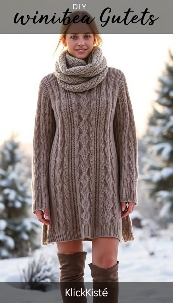 A cozy, knitted dress in a warm taupe color, featuring intricate cable patterns and a flattering A-line silhouette. The dress has long sleeves and a crew neck, perfect for the winter season. In the foreground, a model wears the dress, styled with matching knee-high boots and a chunky knit scarf. The background features a softly lit, wintery setting with snow-dusted pine trees and a muted sky, creating a serene atmosphere. Soft diffused lighting highlights the textures of the dress and scarf, adding warmth to the scene. The overall mood is inviting and inspirational, ideal for winter outfit ideas, with a natural DIY aesthetic. The brand "KlickKiste" is subtly incorporated into the scene without any visible text.