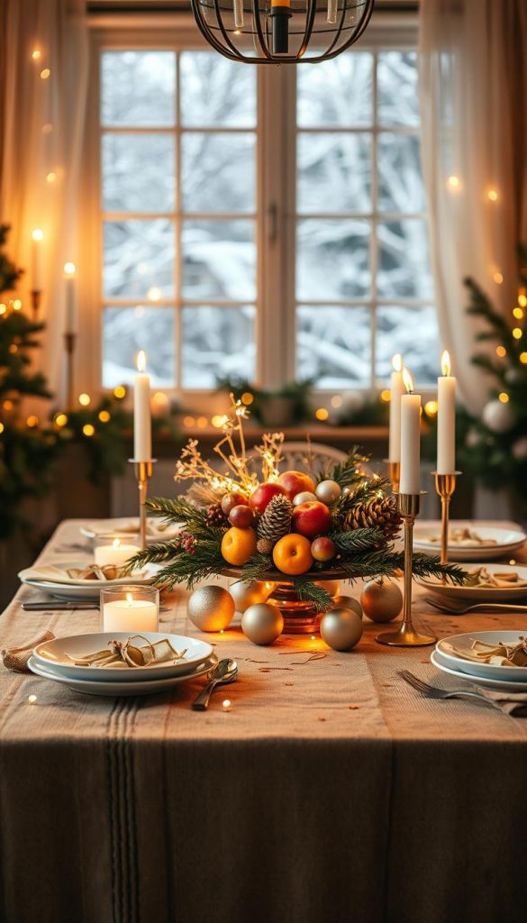 A cozy, last-minute New Year's Eve table decoration styled in a warm, inviting atmosphere. In the foreground, a beautifully set table with a rustic wooden tablecloth, adorned with elegant golden and silver elements, such as shimmering candles, sparkling confetti, and natural pine branches. The middle features an eye-catching centerpiece made of seasonal fruits, cozy fairy lights, and hand-crafted ornaments reflecting a Pinterest-inspired DIY aesthetic. In the background, softly blurred, a window reveals a snowy winter landscape, enhancing the chilly yet festive vibe. The lighting is warm and intimate, casting gentle shadows and a soft glow over the setting, evoking feelings of comfort and celebration. The image should feel authentic and inspiring, perfect for a last-minute holiday decor idea from KochKiste. A cozy, last-minute New Year's Eve table decoration styled in a warm, inviting atmosphere. In the foreground, a beautifully set table with a rustic wooden tablecloth, adorned with elegant golden and silver elements, such as shimmering candles, sparkling confetti, and natural pine branches. The middle features an eye-catching centerpiece made of seasonal fruits, cozy fairy lights, and hand-crafted ornaments reflecting a Pinterest-inspired DIY aesthetic. In the background, softly blurred, a window reveals a snowy winter landscape, enhancing the chilly yet festive vibe. The lighting is warm and intimate, casting gentle shadows and a soft glow over the setting, evoking feelings of comfort and celebration. The image should feel authentic and inspiring, perfect for a last-minute holiday decor idea from KochKiste.