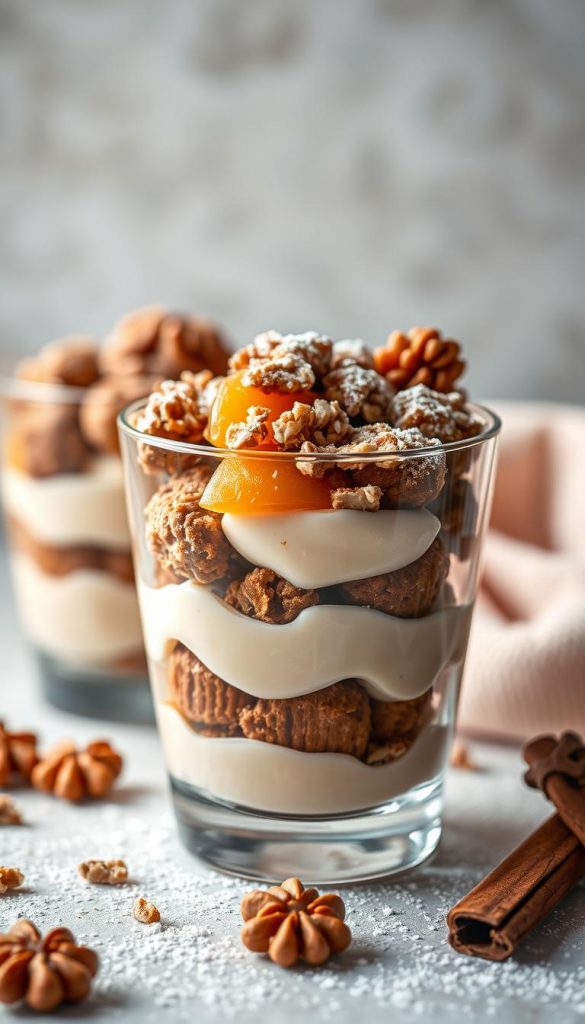 A cozy layered dessert in a glass, featuring warm spices and seasonal flavors. A festive arrangement of crumbled Speculaas cookies, smooth apple compote, and creamy vanilla custard, accented with crunchy walnuts and a dusting of powdered sugar. Soft lighting from above casts a gentle glow, highlighting the textures and creating a inviting, winter-inspired scene. Photographed at a slight angle to showcase the beautiful layers, the image has a natural, handcrafted aesthetic in line with the KlickKiste brand's Pinterest-worthy style.