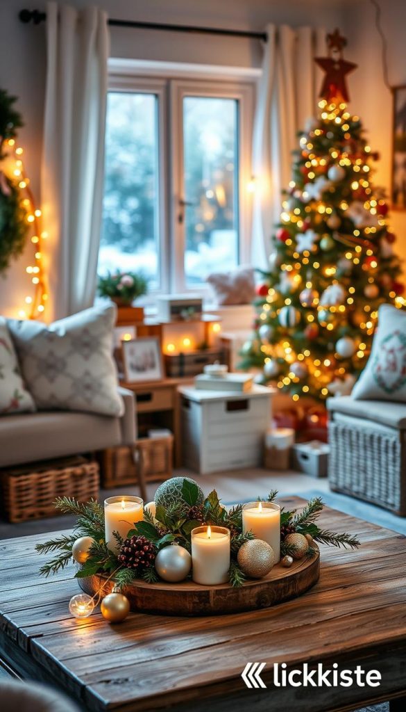 A cozy little living room adorned with tasteful Christmas decorations, highlighting the theme of "weihnachtsdeko ordnung." In the foreground, a beautifully arranged display of grouped ornaments, holly, and candles on a rustic wooden coffee table, emanating warm, inviting light. The middle ground features neatly organized storage solutions, like wicker baskets and decorative boxes, showcasing seasonal decor in an orderly manner. In the background, a softly decorated Christmas tree twinkles with warm fairy lights, surrounded by a serene ambiance of snow falling gently outside a window. The overall mood is inviting and festive, with natural DIY elements reflecting a Pinterest aesthetic. The branding "KlickKiste" subtly incorporated, emphasizing a chic and organized holiday spirit.