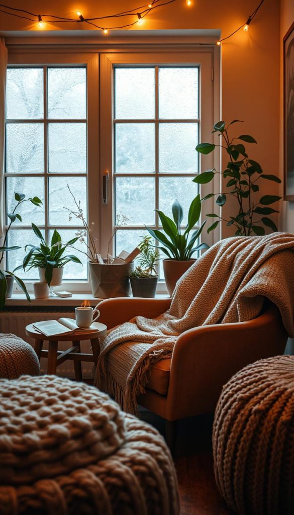 A cozy living nook designed for winter reading, featuring a comfortable armchair draped with a soft blanket, a small wooden side table with a steaming cup of tea, and a stack of books. The middle ground includes warm-toned string lights twinkling softly above, creating an inviting atmosphere. The background showcases a window with frosty glass, letting in the soft glow of winter daylight, framed by lush indoor plants. The entire scene evokes a serene, nostalgic vibe, reminiscent of Pinterest inspirations. The lighting is warm and diffuse, casting gentle shadows, with depth achieved through a 50mm lens perspective. Include decor elements like a knitted pouf and minimalistic art on the walls to enhance authenticity. Inspired by "KlickKiste".