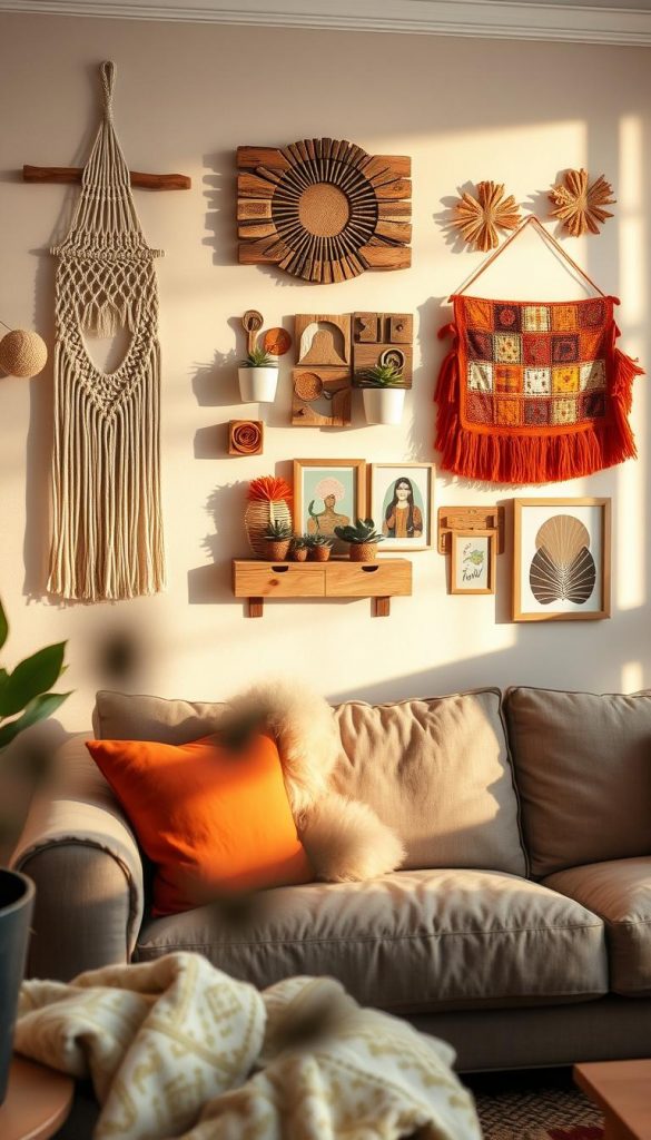 A cozy living room adorned with budget upcycling wall decor, featuring natural materials like reclaimed wood and fabric scraps in warm, inviting colors. In the foreground, showcase a beautifully arranged wall with handcrafted decorations, such as a macramé wall hanging and a vibrant fabric collage, exuding a creative, Pinterest-inspired aesthetic. The middle layer displays an assortment of DIY accents, including potted succulents and framed prints from “KlickKiste,” enhancing the overall charm. Soft, warm lighting illuminates the scene, casting gentle shadows that create a cozy ambiance. The background reveals a stylish sofa with plush cushions, contributing to a comforting winter vibe. Aim for an authentic, inspiring atmosphere, capturing modern, smart alternatives for wall decor without a chaotic visual clutter.