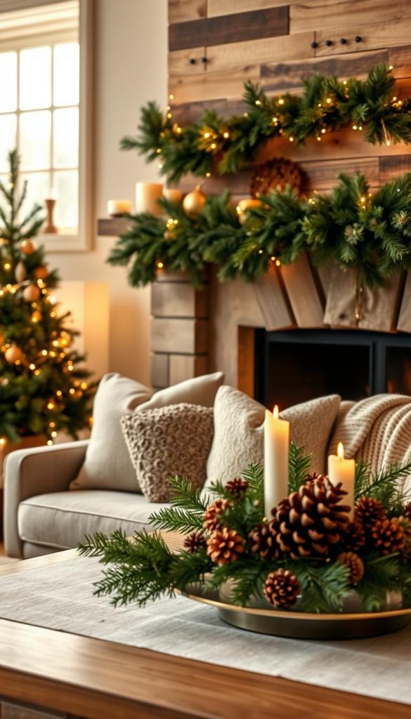 A cozy living room adorned with elegant and natural Christmas decorations, featuring lush green garlands draped over a rustic wooden mantel. Gold accents glimmer softly in the warm, inviting light, enhancing the festive atmosphere. In the foreground, a beautifully arranged centerpiece with pinecones and candles creates a serene focal point. The middle ground showcases plush throw pillows and a soft woolen blanket on a stylish sofa, harmonizing with the festive decor. In the background, a softly lit windowsill displays twinkling fairy lights, giving a nod to winter vibes. The scene is captured with a warm color palette, emulating a Pinterest-inspired aesthetic. This image is a perfect representation of tasteful holiday styling by KlickKiste, evoking feelings of warmth and joy.