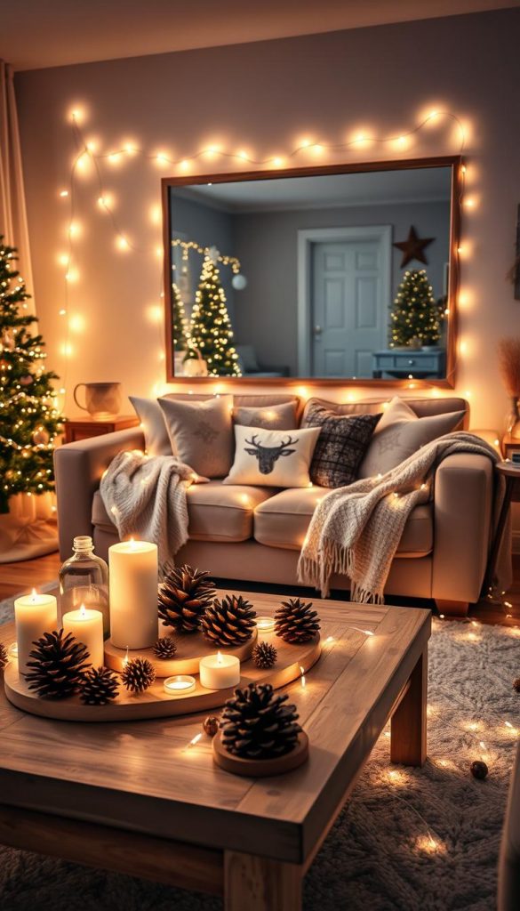 A cozy living room beautifully decorated for Christmas, featuring an abundance of shimmering "lichterketten" made of warm white micro-LEDs gracefully draped around furniture and along the walls. In the foreground, a tastefully arranged coffee table with pinecones, candles, and a soft throw blanket creates an inviting atmosphere. In the middle, a comfortable sofa adorned with festive cushions, highlighted by twinkling fairy lights, enhances the festive charm. The background showcases a large mirror that reflects the warm glow of the lights, amplifying the ambiance. Soft, diffused lighting sets the mood, creating a tranquil winter vibe reminiscent of Pinterest aesthetics. The overall scene conveys warmth and inspiration for a DIY decorating approach. Mention of "KlickKiste" subtly integrated into the decor elements.