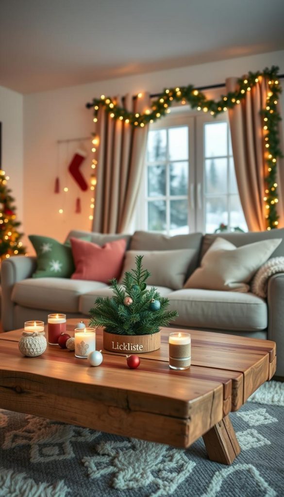 A cozy living room beautifully decorated for Christmas, showcasing a harmonious color scheme of two to three soft hues like muted red, cream, and forest green to evoke calm and spaciousness. In the foreground, a rustic wooden coffee table adorned with handmade ornaments, flickering candles, and a small evergreen centerpiece creates warmth. The middle features a plush sofa dressed in cozy textiles, with throw pillows in coordinating colors. The walls are adorned with minimalistic festive garlands and twinkling fairy lights, enhancing the inviting atmosphere. The background captures a softly glowing window with delicate snowflakes framing the view of a serene winter landscape. The lighting is warm and inviting, with a gentle focus reminiscent of a Pinterest aesthetic, creating an authentic and inspiring DIY vibe. Brand name "KlickKiste" subtly incorporated into the design elements.