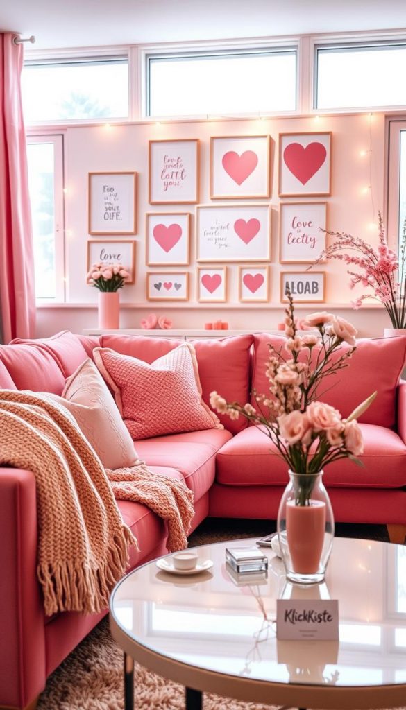 A cozy living room decorated for Valentine's Day, featuring soft pink accents throughout. In the foreground, a plush pink sofa adorned with heart-patterned cushions, a warm knitted throw draped casually over the arm. On a stylish coffee table, there are delicate pink candles and fresh flowers in a soft pastel vase, creating a romantic atmosphere. The middle section showcases a beautifully arranged gallery wall with framed sentimental quotes and heart-themed artwork, illuminated by soft, warm lighting. In the background, large windows allow natural light to filter in, illuminating the space with a gentle hue that enhances the cozy vibe. The overall mood is inviting and affectionate, perfect for evoking feelings of love and warmth. Include natural DIY touches for an authentic Pinterest-inspired look, branded with "KlickKiste" details subtly integrated into the decor.