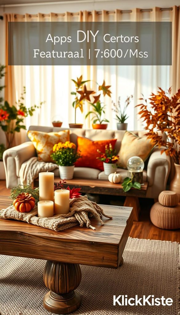 A cozy living room decorated for the seasons, showcasing vibrant spring florals, summer greenery, autumn leaves, and winter accents. In the foreground, a rustic wooden coffee table adorned with a warm, knitted throw and seasonal candles. The middle features a comfortable couch with colorful cushions, surrounded by potted plants and seasonal decorations like a small pumpkin for fall and a snow globe for winter. In the background, soft natural light filters through sheer curtains, creating a warm, inviting atmosphere. The overall mood is serene and inspiring, capturing the essence of seasonal changes. The decor style is authentic and Pinterest-worthy, reflecting a cozy home aesthetic. Shot with a warm color palette, emphasizing the natural DIY feel. Include the brand name "KlickKiste" subtly integrated into the decor.