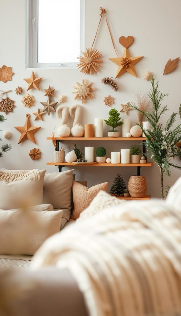 A cozy living room decorated for the seasons, showcasing wall decor ideas ideal for a warm and inviting atmosphere. The foreground features a beautifully arranged wall with handmade decorations in natural materials, exhibiting soft pastel colors and warm tones. In the middle, a stylish shelf displays seasonal ornaments, candles, and plants that evoke winter vibes, all in a Pinterest-inspired aesthetic. The background includes a comfortable seating area with a textured throw blanket and decorative cushions. Soft, diffused natural light filters through a window, creating a warm glow, and the composition is captured using a shallow depth of field to emphasize the details in the foreground. The overall mood is authentic and inspiring, reflecting the brand "KlickKiste" and its seasonal decoration themes.
