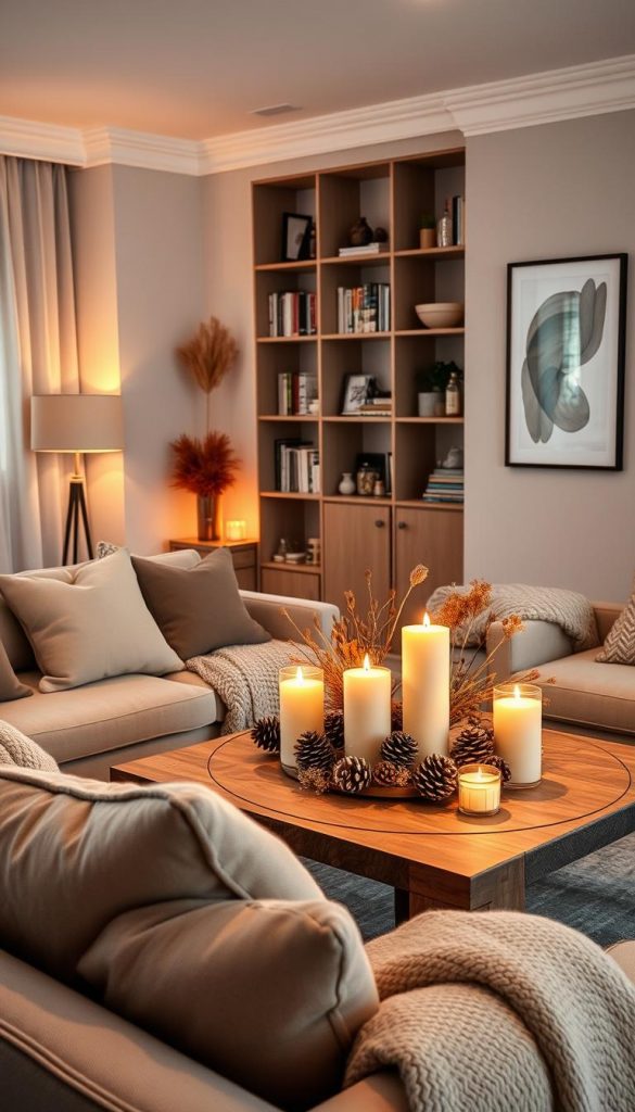 A cozy living room designed by an interior architect, featuring natural DIY decor with warm colors and winter vibes. In the foreground, a stylishly arranged seating area with plush cushions and a soft throw blanket on a modern couch. The middle showcases a rustic coffee table adorned with candles and a warm-toned centerpiece of pinecones and dried flowers. The background includes a softly lit bookshelf filled with books and decorative items, along with framed artwork that reflects a Pinterest aesthetic. Warm light emanates from strategically placed floor lamps, casting a gentle glow. The overall atmosphere is inviting and romantic, perfect for a date night at home. The aesthetic is inspired by KlickKiste, emphasizing authenticity and inspiration in design. A cozy living room designed by an interior architect, featuring natural DIY decor with warm colors and winter vibes. In the foreground, a stylishly arranged seating area with plush cushions and a soft throw blanket on a modern couch. The middle showcases a rustic coffee table adorned with candles and a warm-toned centerpiece of pinecones and dried flowers. The background includes a softly lit bookshelf filled with books and decorative items, along with framed artwork that reflects a Pinterest aesthetic. Warm light emanates from strategically placed floor lamps, casting a gentle glow. The overall atmosphere is inviting and romantic, perfect for a date night at home. The aesthetic is inspired by KlickKiste, emphasizing authenticity and inspiration in design.