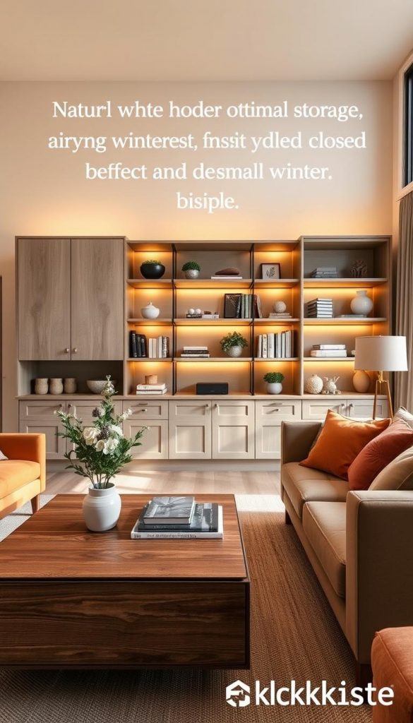 A cozy living room designed for optimal storage, featuring a stylish mix of closed cabinetry below and airy open shelving above. The foreground showcases a modern wooden coffee table adorned with a decorative plant and books, while comfortable seating in warm, inviting colors forms an inviting conversation area. In the middle ground, a sleek, minimalist bookshelf with a blend of decorative items and practical storage, illuminated by soft, warm lighting that creates a tranquil atmosphere. The background features a softly painted wall with natural textures, and large windows that let in gentle winter light, enhancing the overall inviting vibe. The scene embodies a Pinterest-inspired aesthetic, reflecting natural DIY elements, with the brand name "KlickKiste" subtly integrated into the design elements. The overall mood is warm, inspiring, and authentically inviting for small living spaces.