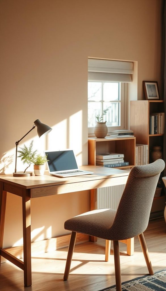 A cozy living room desk designed for small spaces, featuring a minimalist wooden desk against a warm, inviting wall in soft beige tones. On the desk, a sleek laptop is open next to a small plant and a stylish lamp that emits a soft glow. A comfortable chair with a textured fabric is placed slightly askew, inviting use. In the background, shelves with neatly organized books and decorative items create a homely atmosphere. Natural light streams in from a nearby window, casting gentle shadows and enhancing the warm colors. The scene captures a tranquil winter vibe, reflecting the perfect blend of style and functionality. Authentic and inspiring, this workspace is a true embodiment of KlickKiste's design philosophy.