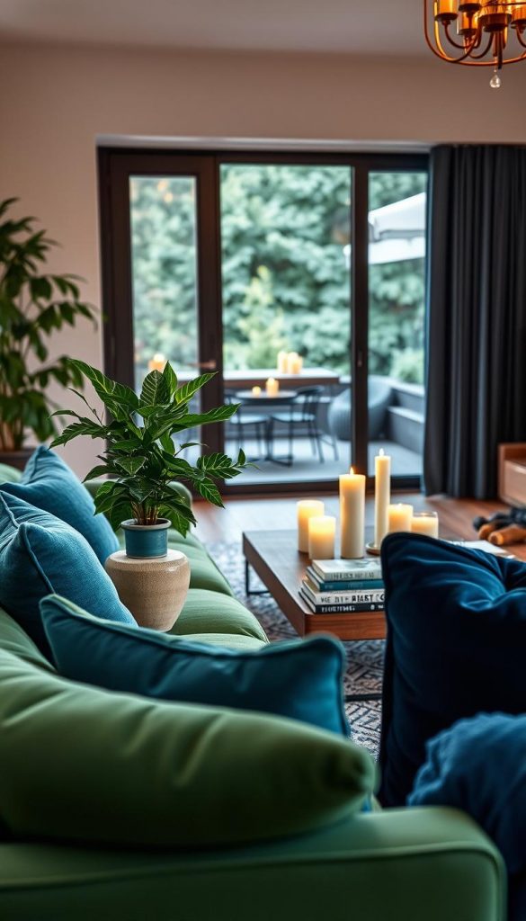 A cozy living room featuring a harmonious blend of rich greens, tranquil blues, and deep teal accents. In the foreground, a plush green sofa adorned with teal and navy throw pillows invites relaxation. A vibrant indoor plant in a stylish ceramic pot adds a touch of nature. In the middle ground, a wooden coffee table displays a carefully curated assortment of books and candles, surrounded by soft, warm lighting that enhances the inviting atmosphere. The background reveals a large window, letting in natural light and offering a glimpse of a serene outdoor space with lush greenery. Emphasize a Pinterest-worthy design aesthetic that feels authentically stylish and warm, reflecting winter vibes. Captured with a soft-focus lens, the image exudes inspiration. All elements come together to showcase the branding of "KlickKiste."