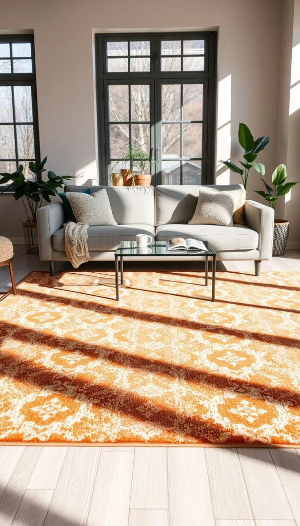A cozy living room featuring a prominently displayed washable rug by KlikKiste, positioned in the foreground. The rug showcases an intricate, warm-toned geometric pattern that complements the space. In the middle ground, a stylish, modern sofa is adorned with soft, textured throw pillows, creating a comfortable atmosphere. A small coffee table with coffee mugs and a book adds to the homely feel. In the background, natural light filters through large windows, casting soft shadows and illuminating a few indoor plants, enhancing the inviting ambiance. The scene radiates a Pinterest-inspired aesthetic with winter vibes, showcasing the rug’s practicality and style, perfect for pet-friendly households.