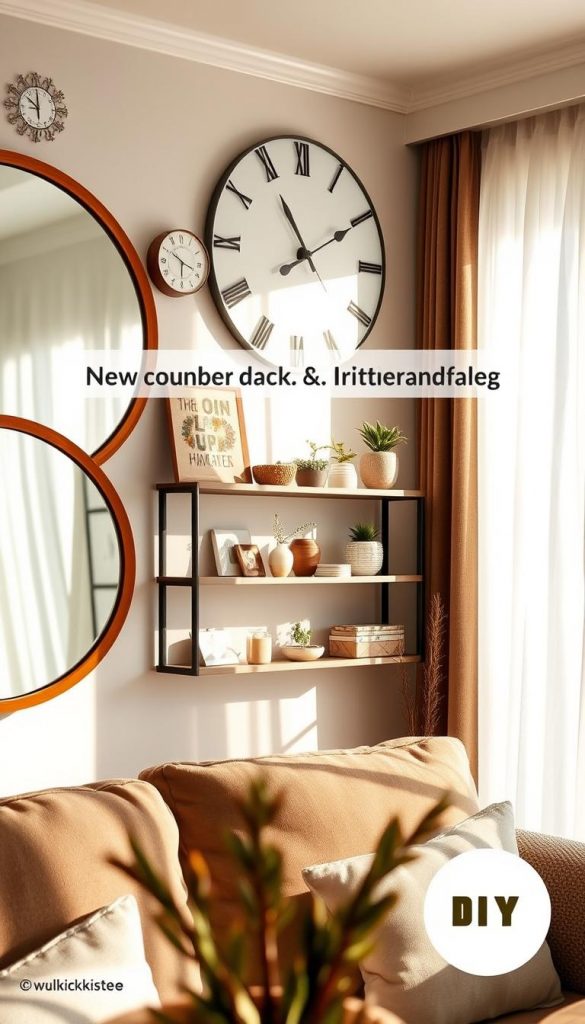 A cozy living room featuring a stylish arrangement of modern wall decor, focusing on elegant mirrors and contemporary clocks. In the foreground, showcase a large round mirror with a warm wooden frame, and a sleek, minimalist wall clock with a silver finish. The middle section includes a stylish shelf displaying small plants and decorative items, enhancing the ambiance. In the background, soft, natural light filters through sheer curtains, casting gentle shadows and creating a warm, inviting atmosphere. The color palette includes warm tones, emphasizing winter vibes and a DIY aesthetic. The image should reflect a Pinterest-inspired look, showcasing the brand "KlickKiste." Overall, the mood is authentic and inspiring, perfect for enhancing the visual appeal of a living space.