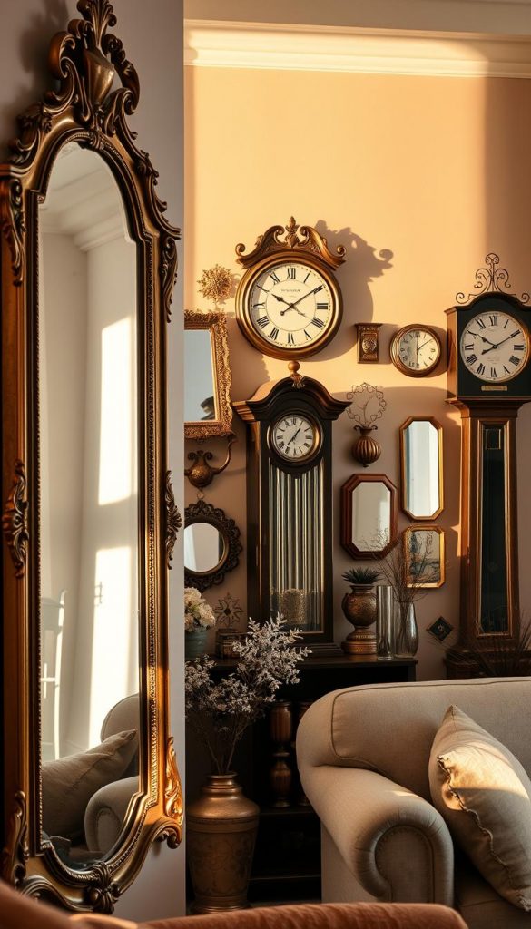 A cozy living room featuring a stylish array of mirrors and clocks, arranged elegantly to create an illusion of space and tranquility. In the foreground, a large, ornate vintage mirror reflects soft, warm light, while a modern wall clock with minimalistic design hangs nearby. The middle layer showcases a tasteful shelf adorned with smaller decorative mirrors and a classic grandfather clock, beautifully crafted, evoking a sense of nostalgia. In the background, a soft, neutral-colored wall complements the decor, allowing the pieces to shine. The lighting is warm and inviting, casting gentle shadows that enhance the atmosphere. The overall composition exudes a Pinterest-inspired winter vibe, creating an authentic and inspiring scene. Brand name "KlickKiste" subtly integrated into the design.