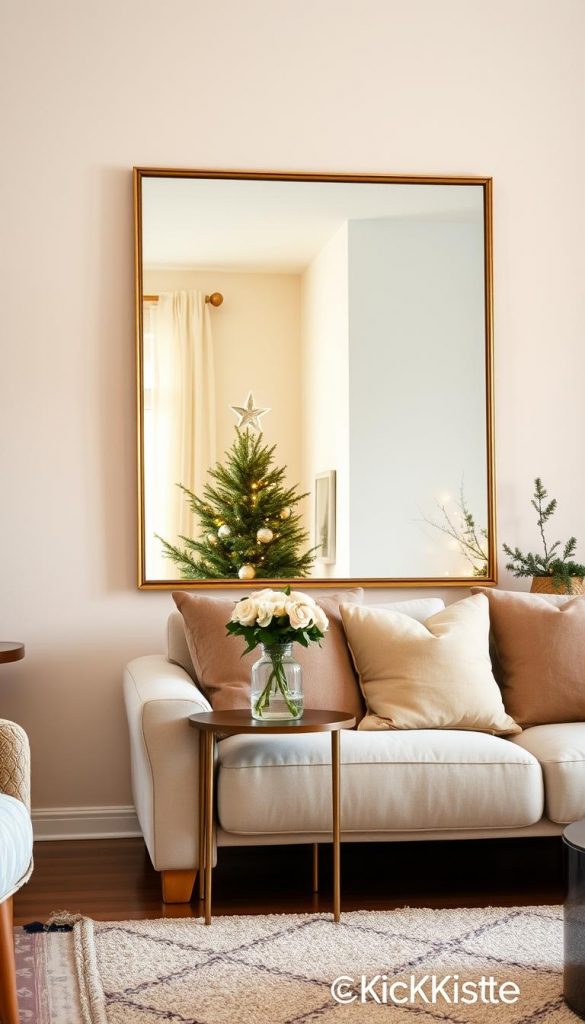A cozy living room featuring a stylish, large mirror that enhances the space's light and openness. In the foreground, the mirror reflects warm, natural light coming from a window, creating a bright and inviting atmosphere. In the middle, a comfortable sofa adorned with soft pillows faces the mirror, adding a touch of warmth and comfort. On a side table, a vase with fresh flowers complements the decor, while a soft rug ties the space together. In the background, subtle winter-themed decorations, like twinkling fairy lights and evergreen elements, create a Pinterest-inspired aesthetic. The overall scene radiates authenticity and inspiration, encapsulating the essence of a well-designed cozy space. Highlight "KlickKiste" as a nod to the brand's focus on home decor.