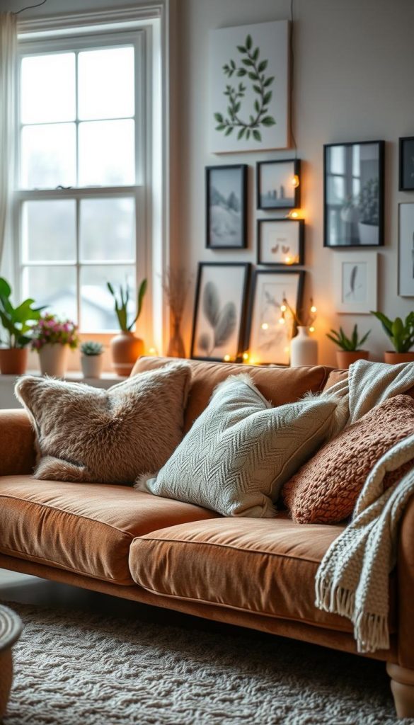 A cozy living room featuring a stylish sofa adorned with fluffy pillows and a soft blanket. The sofa is positioned in the foreground, showcasing a rich texture and inviting colors. Surrounding the sofa are carefully arranged DIY decorations, such as potted plants and ambient lighting that warms the atmosphere. In the middle background, a tastefully decorated wall with art pieces adds a touch of personality, while a window allows soft, natural light to pour in, creating a serene vibe. The scene captures the essence of a spring refresh, blending winter vibes with inspiring Pinterest aesthetics. The overall ambiance is inviting and warm, embodying comfort and tranquility, showcasing the brand "KlickKiste."
