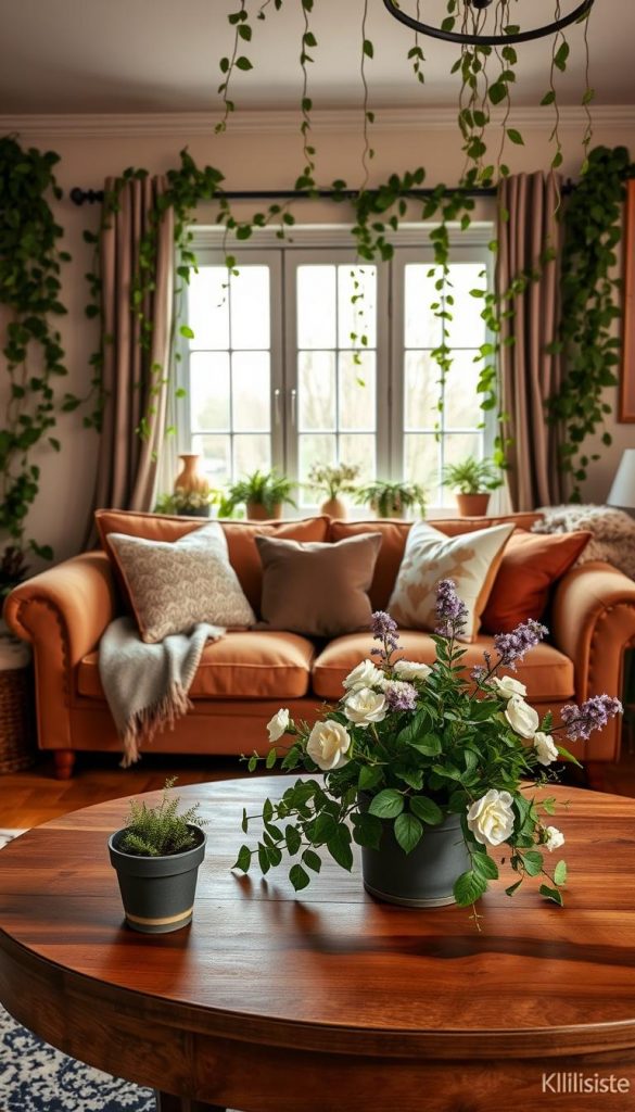 A cozy living room featuring an array of vibrant green plants and fresh winter flowers, creating a lively and rejuvenating atmosphere. In the foreground, a stylish wooden coffee table is adorned with a small potted fern and a bouquet of white and purple winter blooms. The middle ground showcases a plush, earth-toned sofa surrounded by decorative cushions, complemented by cascading vines gracefully hanging from the walls. In the background, a large window lets in warm, natural light, enhancing the earthy colors of the room. The scene is captured from a slightly elevated angle, mimicking a Pinterest-inspired DIY aesthetic. The overall mood is inviting and warm, reflecting a luxurious winter vibe ideal for a stylish makeover. Style the scene to evoke comfort and tranquility, branded with "KlickKiste".