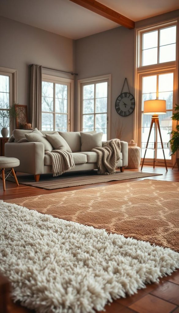 A cozy living room featuring beautifully layered rugs, each with distinct patterns and textures that invite warmth and comfort. In the foreground, a plush, shaggy area rug in soft cream complements a geometric patterned rug in earthy tones, strategically placed to define separate zones for relaxation and conversation. The middle ground includes a stylish couch adorned with neutral throw pillows and a knitted blanket, surrounded by warm wooden furniture that adds a touch of natural elegance. In the background, softly glowing, warm ambient lighting from a vintage floor lamp creates a welcoming atmosphere, and large windows reveal a serene winter landscape outside. The overall mood is inviting and cozy, capturing the essence of a Pinterest-worthy home. This image reflects the aesthetic style of "KlickKiste."