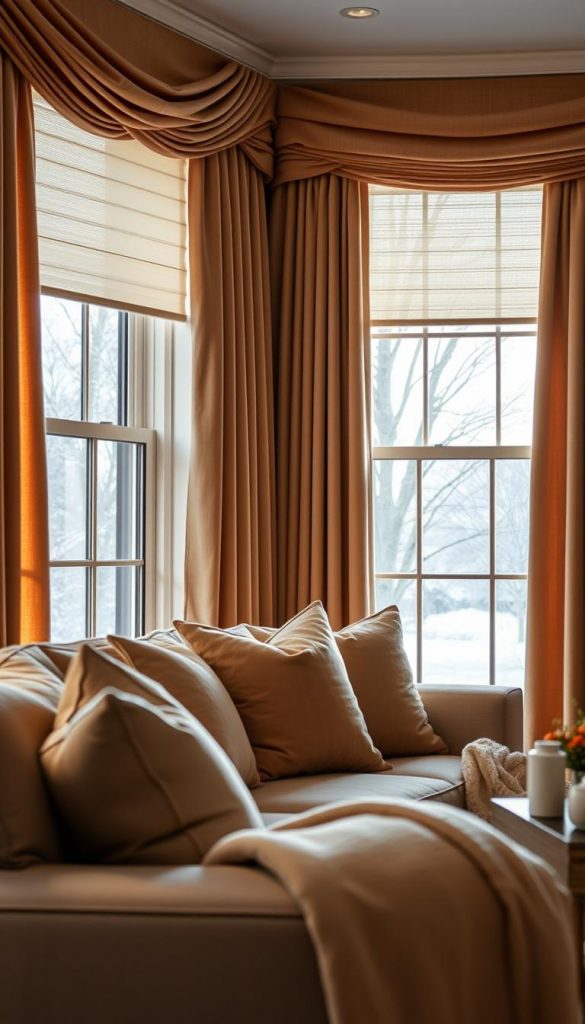 A cozy living room featuring beautifully styled and insulated windows adorned with elegant curtains and sleek pleated shades. The foreground showcases rich textures of the curtains in warm, inviting colors, harmonizing with soft cushions on a plush sofa. In the middle ground, a stylish coffee table displays a few winter-themed decor items, while a warm throw blanket drapes across the arm of the sofa. The background is filled with a softly lit window, where soft winter sunlight filters through the curtains, enhancing the inviting atmosphere. The scene conveys a sense of warmth and comfort, ideal for a winter makeover. Visual elements exude a Pinterest-worthy aesthetic that feels both authentic and inspiring. Shot with a warm color palette, capturing a serene and cozy vibe, perfect for showcasing home updates by KlickKiste.