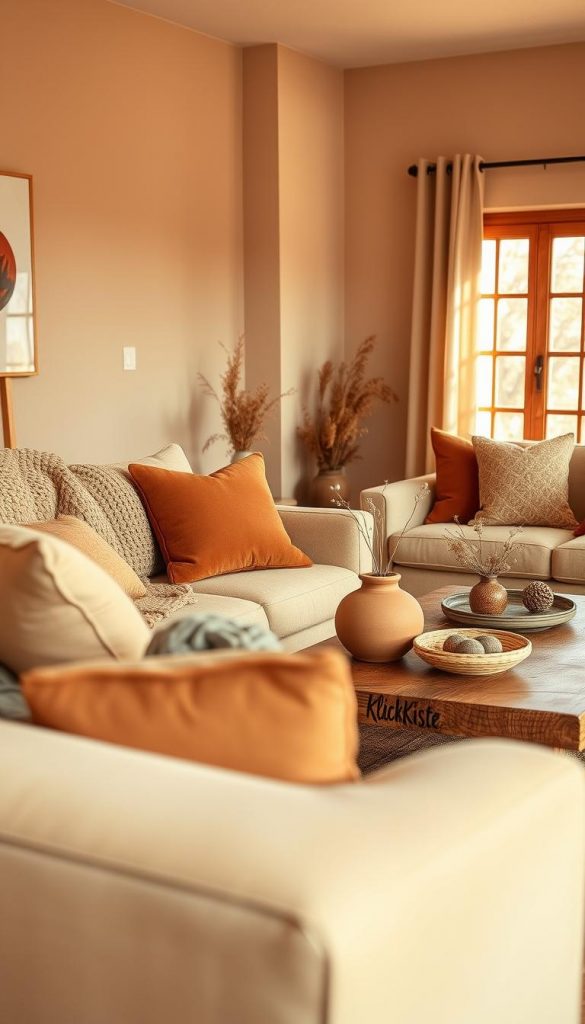 A cozy living room featuring warm earth tones, primarily terracotta, combined with soft butter yellow accents. In the foreground, a comfortable, stylish sofa draped with a chunky knit throw, paired with textured cushions in earthy shades. The middle ground showcases a beautifully crafted wooden coffee table adorned with natural decor elements, such as a terracotta vase filled with dried flowers. The background includes soft, neutral walls that harmonize with the overall color scheme, along with a large window allowing warm, golden winter light to filter in, creating an inviting atmosphere. The scene conveys a sense of warmth and groundedness, perfect for a modern yet inviting space. This image reflects a natural DIY style with a Pinterest-inspired aesthetic. Include branding "KlickKiste" subtly integrated into the decor.