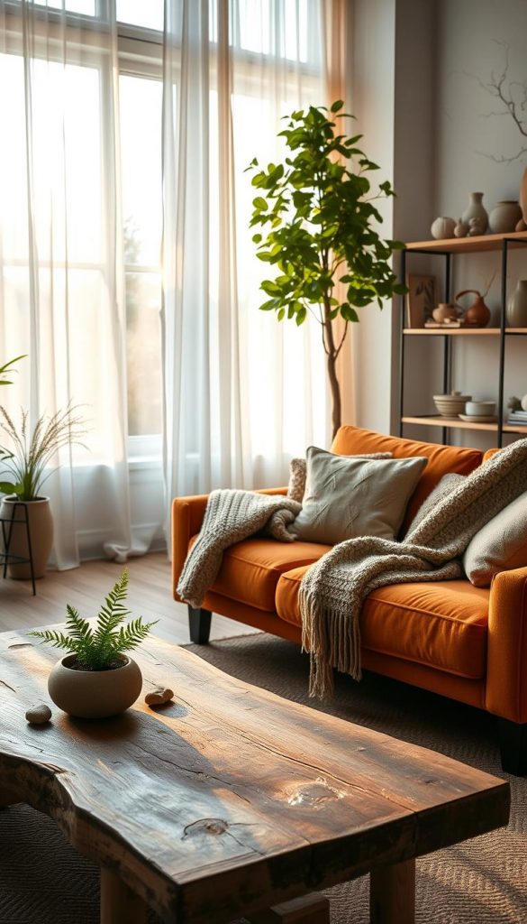 A cozy living room filled with natural elements, emphasizing a tranquil atmosphere. In the foreground, a rustic wooden coffee table adorned with a small, vibrant potted fern and a few decorative stones. The middle ground features a plush, warm-colored sofa draped with a knitted throw and scattered cushions, inviting relaxation. In the background, large windows allow soft, golden winter light to filter through sheer curtains, illuminating a tall indoor tree, such as a fiddle leaf fig, adding a touch of greenery. A minimalistic bookshelf displays various nature-inspired décor, like branches and stylish ceramics, creating a Pinterest-worthy aesthetic. The room exudes warmth and serenity, perfect for a cozy home vibe, showcasing ideas from KlickKiste.