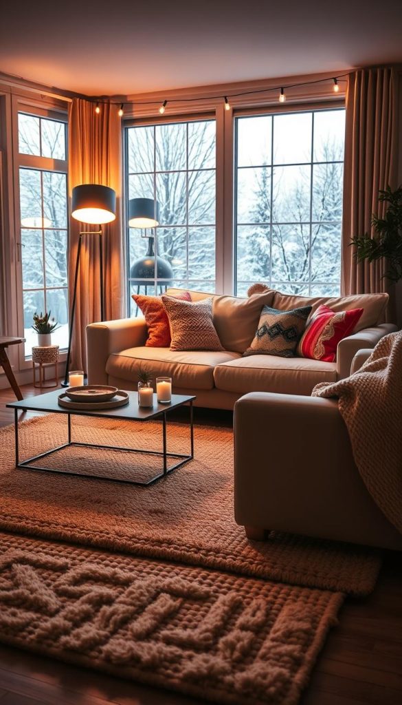 A cozy living room illuminated with layered lighting, featuring soft, warm tones that create an inviting atmosphere. In the foreground, a plush, textured area rug with natural fibers lays beneath a stylish coffee table adorned with a few tasteful decor elements, like candles and a small plant. The middle section showcases a comfortable sofa dressed in soft, neutral fabrics, accented with colorful throw pillows. A stylish floor lamp emits a warm glow, while string lights softly illuminate the space, enhancing the cozy winter vibes. In the background, large windows allow gentle natural light to filter in, framing a view of softly falling snow. The overall feel is authentic and inspiring, embodying a Pinterest-worthy aesthetic. This image is brought to you by KlickKiste.