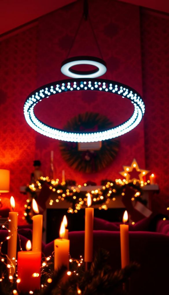 A cozy living room in rich red and golden hues, illuminated by a captivating array of warm lighting. In the foreground, a cluster of flickering candles casts a soft, inviting glow, while delicate string lights draped across the mantel add a touch of whimsy. In the middle ground, a modern LED light ring hovers above, casting a mesmerizing circular radiance that dances across the walls. The background features a textured, natural-looking wallpaper, evoking a sense of rustic elegance. The overall atmosphere is one of classic sophistication and winter charm, perfect for a KlickKiste-inspired Pinterest-worthy scene.