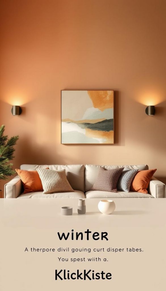 A cozy living room interior featuring beautifully painted walls in warm, inviting colors such as soft terracotta, muted sage green, and pale buttery yellow, reflecting a harmonious atmosphere. In the foreground, a stylish abstract wall art piece adds a modern touch, designed with geometric shapes and blended colors. The middle ground showcases a comfortable sofa adorned with textured throw pillows, while a minimalist coffee table with a few tasteful decorative items enhances the ambiance. The background reveals gentle lighting from strategically placed wall sconces, casting a warm glow across the room. The overall mood conveys a sense of tranquility and inspiration, suitable for a winter vibe with a Pinterest-like aesthetic. The brand essence of "KlickKiste" is subtly incorporated into the decor, evoking authenticity and a DIY feel.