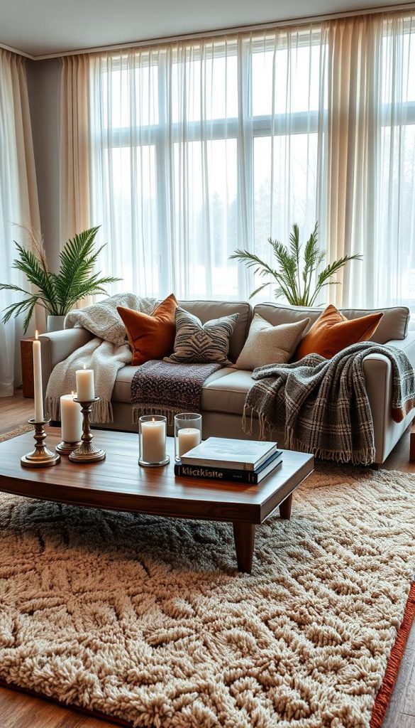 A cozy living room interior, filled with layered textures that evoke warmth and style. In the foreground, a plush, soft area rug features intricate patterns, while a low wooden coffee table, adorned with carefully arranged candles and decorative books, adds an inviting touch. The middle layer showcases a comfortable sectional sofa draped with a mix of knitted and patterned throw blankets. Elegant cushions in earthy tones complete the inviting seating area. In the background, large windows allow natural light to spill in, highlighting sheer curtains that flutter gently. The room is decorated with greenery and personal touches, creating a harmonious flow that connects light, space, and decor. The scene captures winter vibes with warm colors, effortlessly embodying an authentic and inspiring Pinterest look. A subtle "KlickKiste" branding is included in decorative elements. A cozy living room interior, filled with layered textures that evoke warmth and style. In the foreground, a plush, soft area rug features intricate patterns, while a low wooden coffee table, adorned with carefully arranged candles and decorative books, adds an inviting touch. The middle layer showcases a comfortable sectional sofa draped with a mix of knitted and patterned throw blankets. Elegant cushions in earthy tones complete the inviting seating area. In the background, large windows allow natural light to spill in, highlighting sheer curtains that flutter gently. The room is decorated with greenery and personal touches, creating a harmonious flow that connects light, space, and decor. The scene captures winter vibes with warm colors, effortlessly embodying an authentic and inspiring Pinterest look. A subtle "KlickKiste" branding is included in decorative elements.