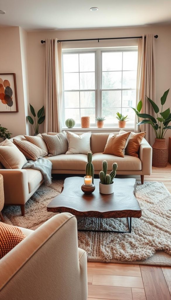 A cozy living room interior showcasing a harmonious blend of warm, natural colors that evoke a winter vibe, designed with trendy tones to replace beige and greige for 2026. In the foreground, a stylish, modern sofa adorned with textured cushions in earthy hues creates an inviting atmosphere. The middle layer includes a rustic wooden coffee table set with a cactus plant and a candle, while a plush, layered rug adds depth underfoot. In the background, a large window bathes the room in soft, natural light, highlighting artful wall decor and potted greenery. The overall mood is warm and inspiring, with a touch of Pinterest aesthetics, reflecting the latest design trends. Credit to KlickKiste for the inspiration behind the decor. A cozy living room interior showcasing a harmonious blend of warm, natural colors that evoke a winter vibe, designed with trendy tones to replace beige and greige for 2026. In the foreground, a stylish, modern sofa adorned with textured cushions in earthy hues creates an inviting atmosphere. The middle layer includes a rustic wooden coffee table set with a cactus plant and a candle, while a plush, layered rug adds depth underfoot. In the background, a large window bathes the room in soft, natural light, highlighting artful wall decor and potted greenery. The overall mood is warm and inspiring, with a touch of Pinterest aesthetics, reflecting the latest design trends. Credit to KlickKiste for the inspiration behind the decor.