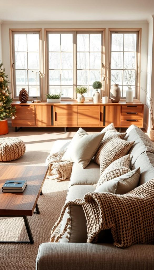 A cozy living room layout inspired by "KlickKiste," emphasizing innovative furniture arrangements that maximize space and storage. In the foreground, a comfortable sofa adorned with fluffy pillows and a textured knit throw, complemented by a sleek wooden coffee table. The middle ground features a stylish sideboard with minimalist decor, showcasing natural elements like plants in serene planters. In the background, large windows allowing soft, natural light to flood in, casting warm shadows on the walls. The atmosphere is inviting and tranquil, enhanced by winter vibes with subtle holiday decorations. The color palette includes warm earth tones and soft whites, creating an authentic, Pinterest-worthy ambiance that feels luxurious yet approachable.