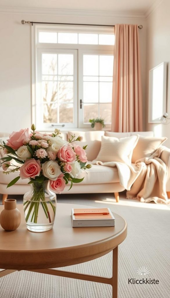 A cozy living room scene captured in soft, pastel hues of blush pink and sage green. In the foreground, a stylishly arranged coffee table adorned with an elegant vase of fresh flowers, blending these colors beautifully. The middle section features a plush sofa draped with textured throws and cushions, all in complementary shades, inviting comfort. A large window in the background allows warm, natural light to flood the space, casting gentle shadows and enhancing the serene atmosphere. The walls are painted in a light, airy tone, promoting a tranquil vibe. The overall composition should reflect a modern, minimalist design, evoking feelings of freshness and ease, perfect for spring. Include subtle branding elements of “KlickKiste” to inspire viewers’ creativity.