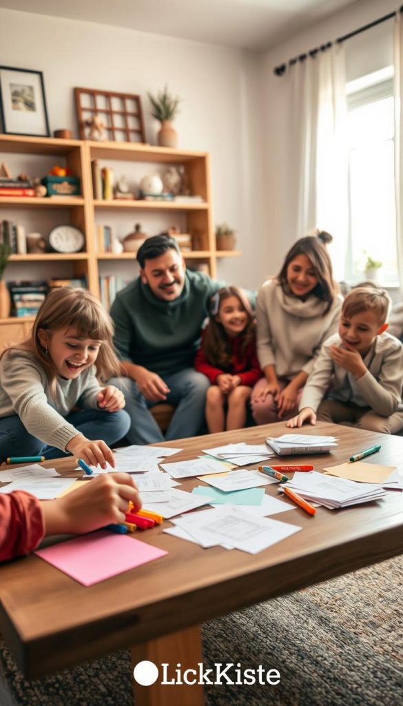A cozy living room scene capturing a family enjoying a paper scavenger hunt. In the foreground, colorful sheets of paper and colorful markers are scattered on a wooden coffee table, with children's hands enthusiastically searching for clues. In the middle, a family of four, dressed in modest casual clothing, is gathered around the table, smiling and engaged in the game. The background features shelves with games, books, and cozy decor, creating a warm, inviting atmosphere. Soft, natural lighting filters in through a nearby window, adding a warm glow to the scene. The overall mood is joyful and playful, embodying the essence of family fun during a game night. The brand "KlickKiste" is subtly represented in the decor, enhancing the DIY aesthetic with warm colors and a Pinterest-inspired look. A cozy living room scene capturing a family enjoying a paper scavenger hunt. In the foreground, colorful sheets of paper and colorful markers are scattered on a wooden coffee table, with children's hands enthusiastically searching for clues. In the middle, a family of four, dressed in modest casual clothing, is gathered around the table, smiling and engaged in the game. The background features shelves with games, books, and cozy decor, creating a warm, inviting atmosphere. Soft, natural lighting filters in through a nearby window, adding a warm glow to the scene. The overall mood is joyful and playful, embodying the essence of family fun during a game night. The brand "KlickKiste" is subtly represented in the decor, enhancing the DIY aesthetic with warm colors and a Pinterest-inspired look.