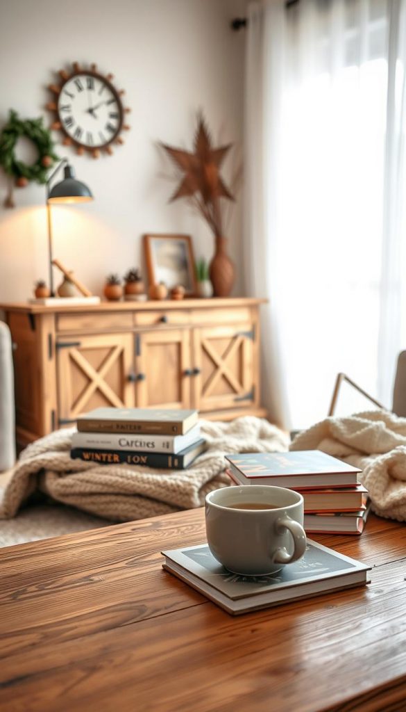A cozy living room scene designed for winter, featuring a rustic wooden coffee table and a stylish sideboard. In the foreground, a beautifully arranged coffee cup and a stack of winter-themed books sit on the table, surrounded by warm, soft blankets. The middle layer showcases a charming sideboard with natural wood grain, adorned with decorative rustic elements like pinecones and small potted plants. The background reveals a gently lit window with sheer curtains, allowing soft natural light to flood the room. The color palette includes warm browns, creams, and soft greens, evoking winter vibes. The atmosphere feels inviting and serene, perfect for a comfortable living space. The style is authentic and inspirational, embodying the aesthetics of the brand "KlickKiste," and designed to capture a Pinterest-worthy look.