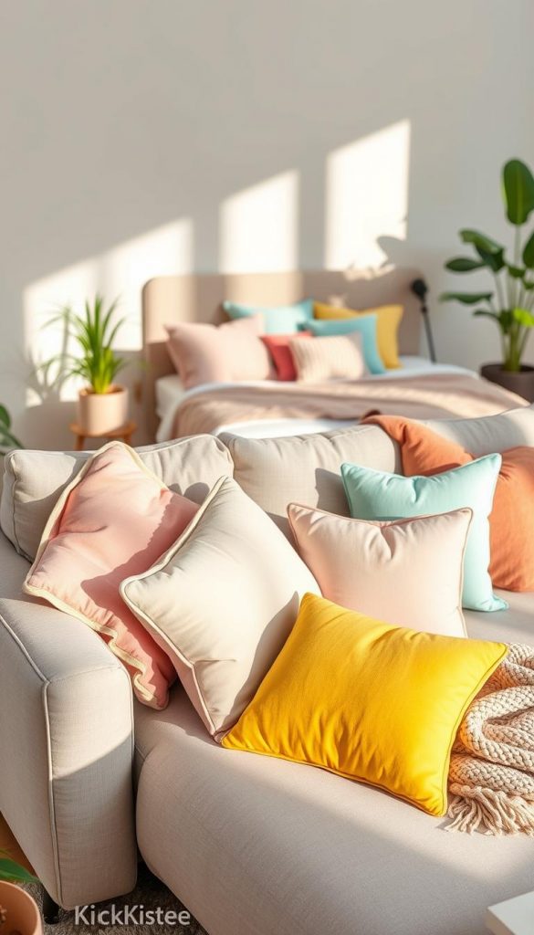 A cozy living room scene featuring 27 beautifully arranged cushion layouts on a stylish sofa and a bed, showcasing a variety of textures and colors inspired by spring. In the foreground, a plush, light gray sofa adorned with an assortment of colorful cushions in pastel hues of pink, mint, and yellow, and a bed in the background dressed with a coordinated set of decorative pillows. The middle ground features a soft-knit throw blanket draped casually over the sofa. The scene is bathed in warm, natural light, creating a serene atmosphere that exudes inspiration. Incorporate a touch of greenery with indoor plants to enhance the inviting vibe. The overall aesthetic should reflect a Pinterest-worthy DIY look, emphasizing authenticity and warmth. Brand name: KlickKiste.