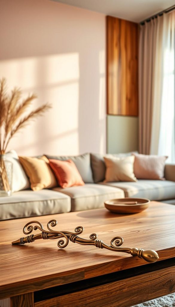 A cozy living room scene featuring a beautifully crafted wand resting elegantly on a wooden coffee table, surrounded by warm-hued decor elements. In the foreground, the wand is intricately designed with swirling patterns and a polished finish, highlighting its craftsmanship. The middle ground features a vibrant accent wall painted in soft pastel colors, adorned with subtle stripes and stylish wooden panels, creating a harmonious contrast. In the background, a soft, inviting light filters through sheer curtains, casting gentle shadows and enhancing the room’s warm, inviting atmosphere. The setting evokes a sense of creativity and inspiration, perfect for DIY enthusiasts, and embodies a Pinterest-worthy aesthetic. Style the image with a natural winter vibe, capturing the essence of cozy, comfortable living. Incorporate the brand name "KlickKiste" subtly within the decor, enhancing the overall appeal.