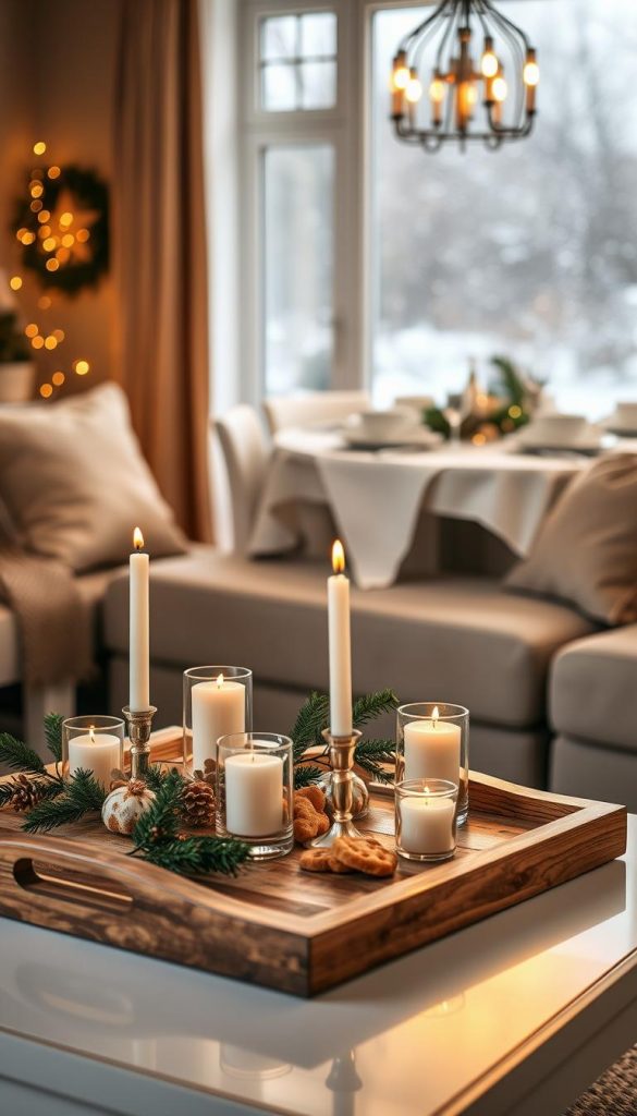 A cozy living room scene featuring a beautifully styled coffee table, adorned with festive decorations for Christmas. In the foreground, the coffee table is decorated with a rustic wooden tray holding a delightful mini buffet of seasonal treats, candles in glass holders, and small pine branches. The middle of the image showcases a stylish dining area with a tastefully set table featuring white tableware, elegant napkins, and twinkling fairy lights. In the background, a softly lit window reveals gently falling snow, creating a warm winter vibe. The lighting is warm and inviting, mimicking golden hour hues. The overall atmosphere is authentic and inspiring, perfect for a Pinterest aesthetic, embodying the brand "KlickKiste" with natural DIY elements and a festive touch.